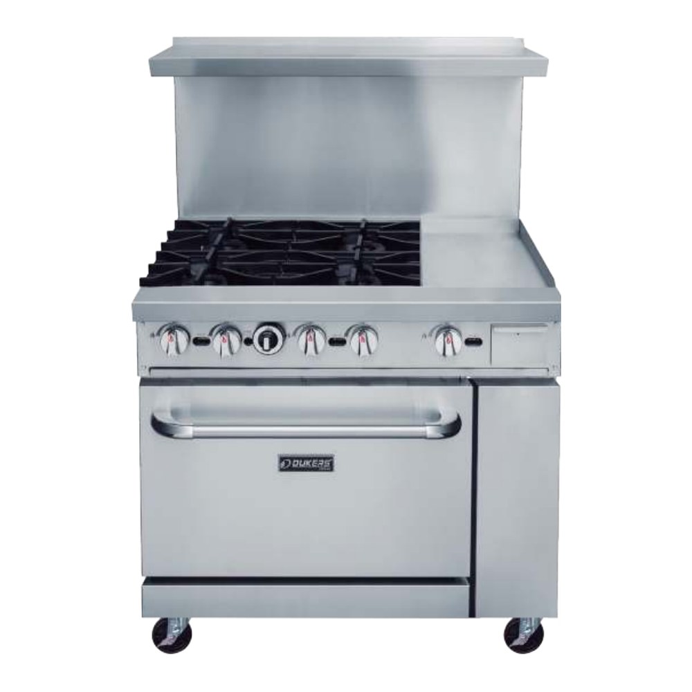 Dukers 36 inch gas range with 4 burners and 12 inch griddle